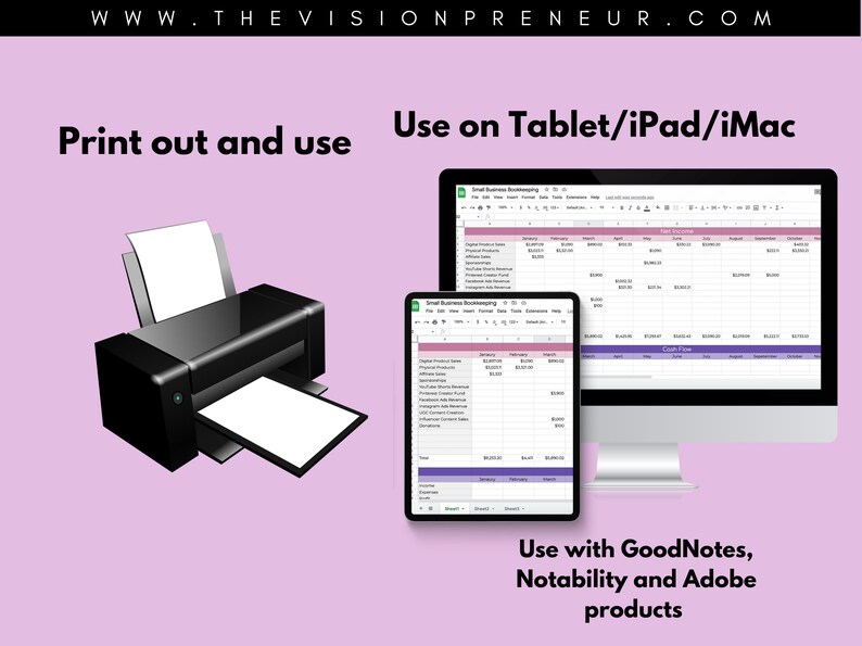 May include: A black and white illustration of a printer with a white sheet of paper coming out of it.  A screenshot of a spreadsheet on a tablet and a computer screen shows how to use the spreadsheet on a tablet or computer.  The text on the image reads "Print out and use" and "Use on Tablet/iPad/iMac".