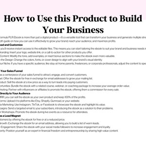 May include: A pink and white infographic with the title "How to Use this Product to Build Your Business". The infographic outlines four steps to use a digital product to grow a business: download and customise, set up a sales funnel, sell it directly to your audience, and use it as a lead magnet.