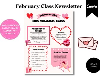 February Classroom Newsletter Template | Valentine’s Day School Newsletter | Editable Canva Newsletter for Daycare & Elementary