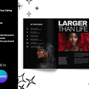 May include: A magazine cover with the title "LARGER THAN LIFE" in bold white text. The cover features a woman with dark skin and dark hair wearing a red dress. The magazine is open to a page with a table of contents titled "IN THIS ISSUE".
