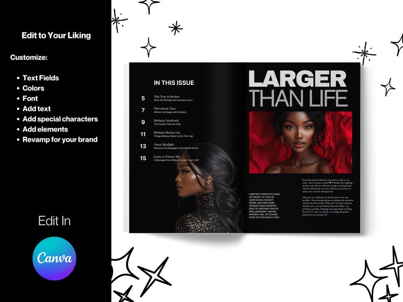 May include: A magazine cover with the title "LARGER THAN LIFE" in bold white text. The cover features a woman with dark skin and dark hair wearing a red dress. The magazine is open to a page with a table of contents titled "IN THIS ISSUE".