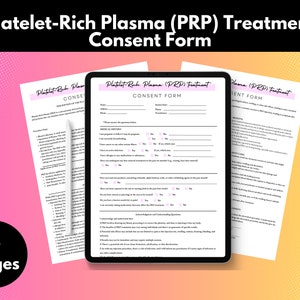 Op de afbeelding: Een driedelig toestemmingsformulier voor een behandeling met platelet-rijk plasma (PRP). Het formulier bevat vragen over medische geschiedenis, allergieën en medicijnen. Het bevat ook informatie over de procedure en mogelijke risico's en voordelen.