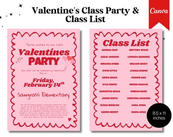 Valentine’s Day Class Party Flyer + Class List Templates | Printable School Valentine Party | Editable Canva Template