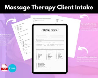 Editable Massage Therapy Intake Form: Client Consultation, Medical History (Canva & PDF Template
