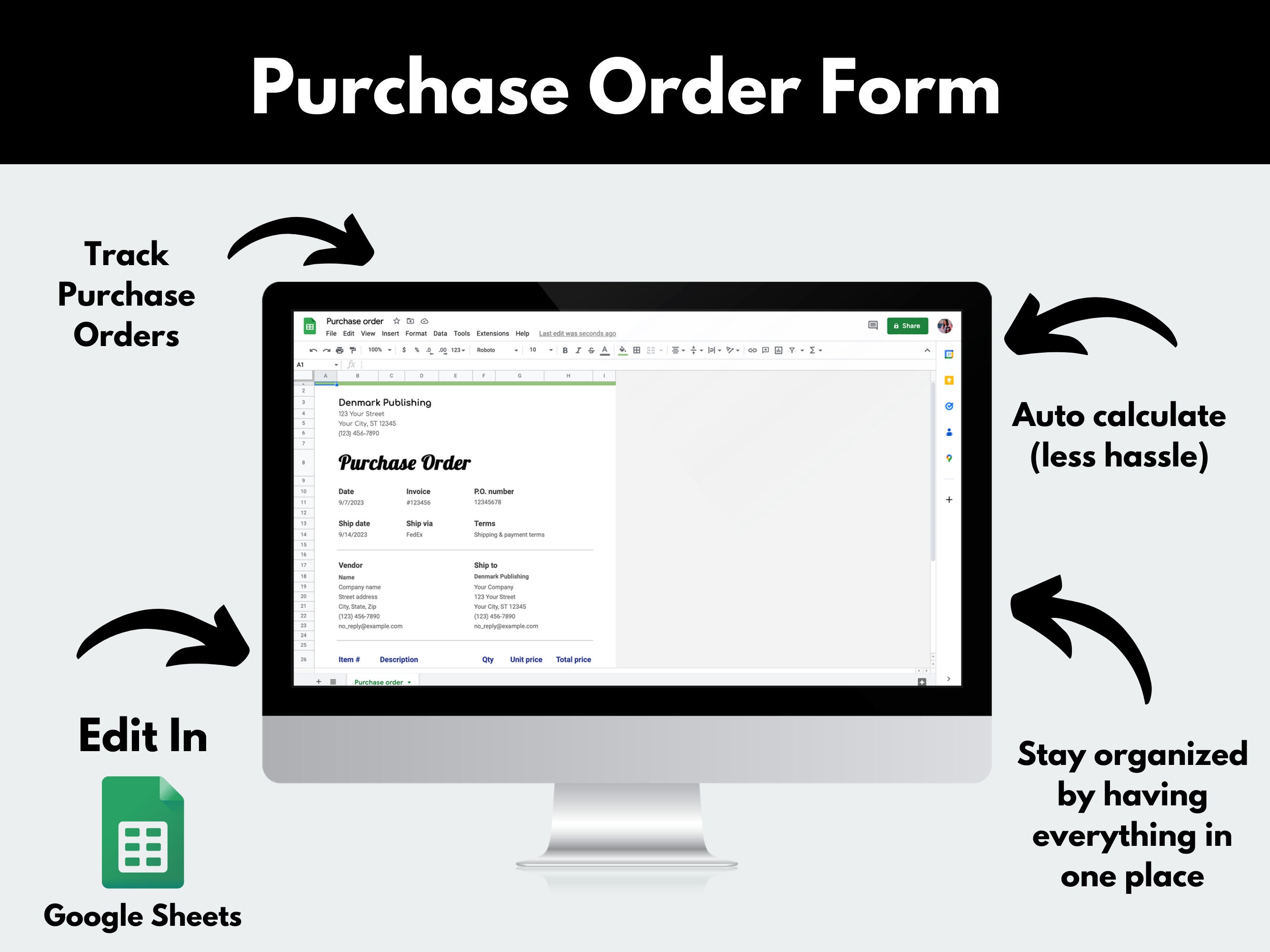 Purchase Order Form, Editable Fillable Purchase Order Template, Google