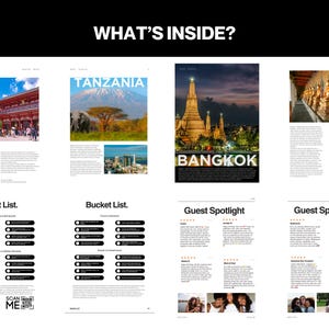 May include: A magazine spread with the title "What's Inside?" featuring images of travel destinations, bucket lists, and guest spotlights. The destinations include Japan, Tanzania, and Thailand. The bucket lists are titled "Bucket List" and the guest spotlights are titled "Guest Spotlight".