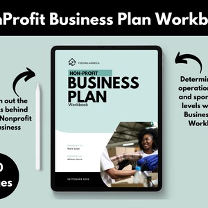 May include: A digital tablet displaying a blue and white business plan workbook for non-profit organisations. The workbook is titled "Non-Profit Business Plan Workbook" and features a photo of two people working together. The text "40 Pages" is visible in the lower left corner of the image.
