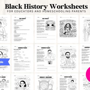 May include: Black History Worksheets for educators and homeschooling parents. The worksheets feature illustrations of historical figures like Bob Marley and Gordon Parks. Includes over 50 pages of educational content for 1st grade.