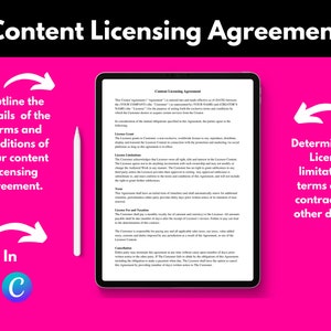 May include: A digital tablet displaying a content licensing agreement. The text on the screen includes the terms "License Grant", "License Limitations", "Term", "License Fee and Taxation", and "Cancellation".