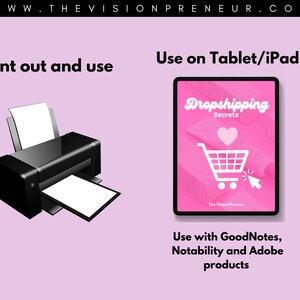 Może przedstawiać: R&oacute;żowy tablet z białą ikoną koszyka na zakupy i tekstem "Dropshipping Secrets" na ekranie. Tablet znajduje się na r&oacute;żowym tle z tekstem "Użyj na tablecie/iPadzie" nad nim. Jest też czarna drukarka na r&oacute;żowym tle z tekstem "Wydrukuj i użyj" nad nią.