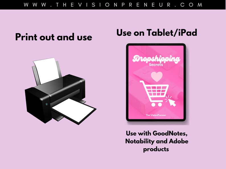 Może przedstawiać: R&oacute;żowy tablet z białą ikoną koszyka na zakupy i tekstem "Dropshipping Secrets" na ekranie. Tablet znajduje się na r&oacute;żowym tle z tekstem "Użyj na tablecie/iPadzie" nad nim. Jest też czarna drukarka na r&oacute;żowym tle z tekstem "Wydrukuj i użyj" nad nią.