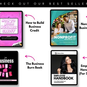 May include: Four digital tablet screens displaying different business-related ebooks. The first screen is pink with the text "How to Build Business Credit". The second screen is blue and green with the text "NonProfit Business Kit". The third screen is black with the text "The Business Burn Book". The fourth screen is black with the text "Employee Handbook (For Salons)".