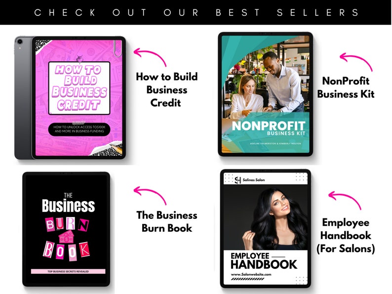 May include: Four digital tablet screens displaying different business-related ebooks. The first screen is pink with the text "How to Build Business Credit". The second screen is blue and green with the text "NonProfit Business Kit". The third screen is black with the text "The Business Burn Book". The fourth screen is black with the text "Employee Handbook (For Salons)".