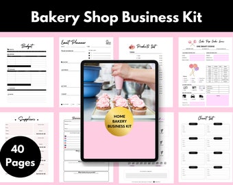 May include: A pink and white printable business kit for a home bakery. The kit includes pages for budgeting, event planning, product lists, client lists, and more. The kit is designed to help home bakers organize and manage their business.