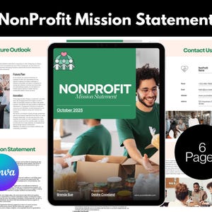 May include: A green and white digital document titled "Nonprofit Mission Statement" with the subtitle "October 2025". The document features a photo of a person handing a box of food to another person. The document also includes a section titled "Mission Statement" and a section titled "Future Outlook".
