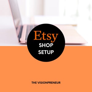 May include: A pink laptop computer with a black circle overlaying the screen. The circle has the text "Etsy Shop Setup" in white text with the word "Etsy" in orange text.