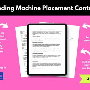 May include: A pink and white graphic with the text "Vending Machine Placement Contract" in a black box at the top. The graphic shows three arrows pointing to different sections of a contract. The text in the arrows says "Create the terms and conditions of your Vending Machine Business", "Set legal parameters", and "Guidance for Insurance and Liability: 3 Pages".