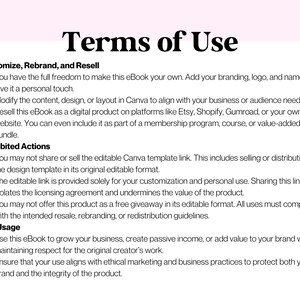 May include: Terms of Use for an eBook. You can customize, rebrand, and resell the eBook. Prohibited actions include sharing or selling the editable Canva template link. Fair usage includes using the eBook to grow your business, create passive income, or add value to your brand.