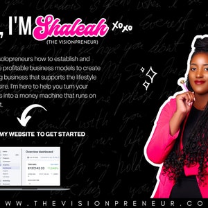 May include: A woman with a pink blazer and a bun in her hair smiles and holds a pen. The background is black with white handwritten text. The text reads "HI, I'M Shaleah xoxo (THE VISIONPRENEUR)" and "I teach solopreneurs how to establish and leverage profitable business models to create a thriving business that supports the lifestyle they desire. I'm here to help you turn your business into a money machine that runs on autopilot. VISIT MY WEBSITE TO GET STARTED WWW.THEVISIONPRENEUR.COM".