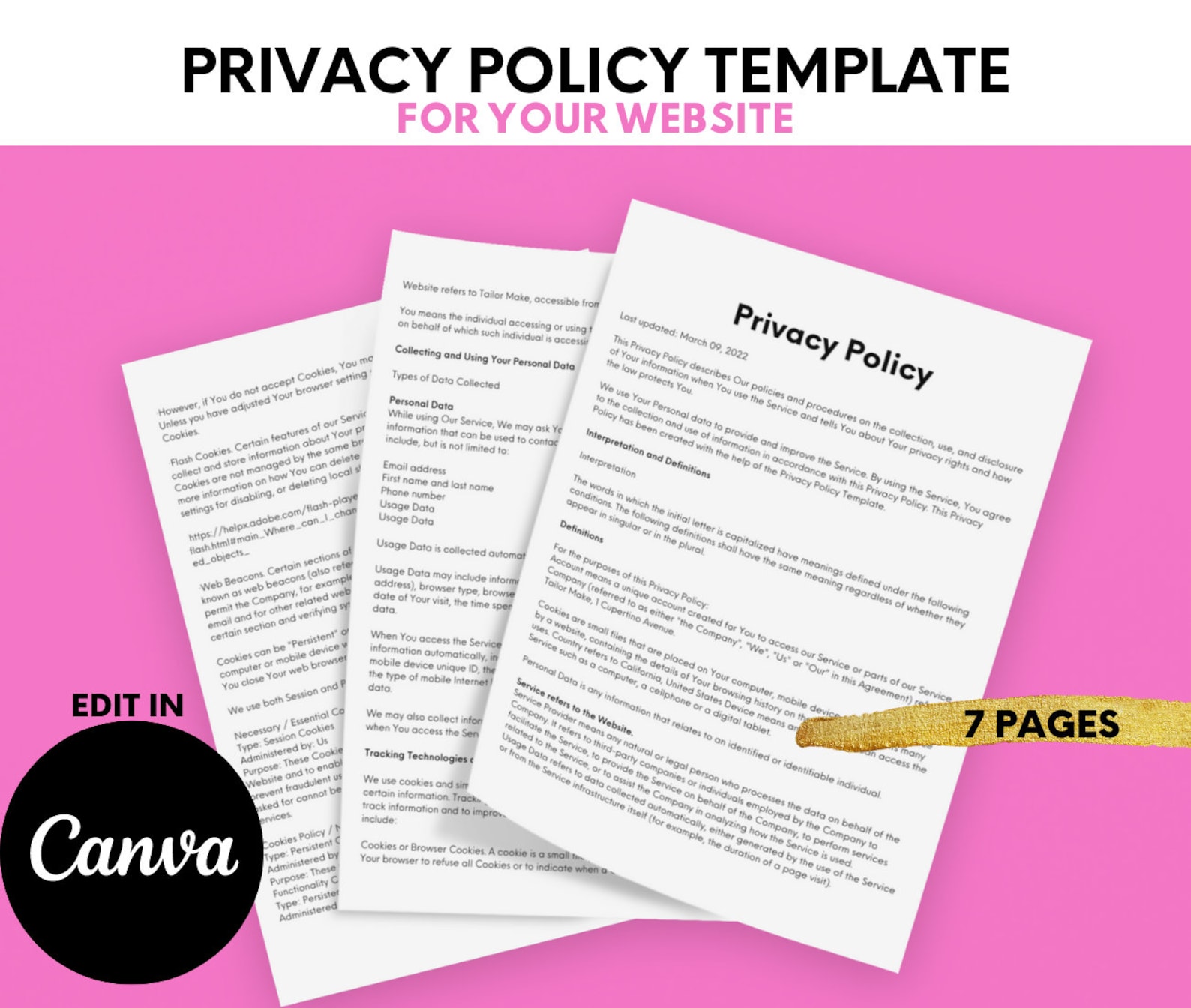 Privacy Policy Template// Website Privacy Policy// Digital Download