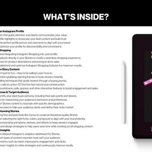 May include: A white tablet with a black screen displaying a pink and white graphic with the text "selling insta stories" and the text "Leveraging Insta's Most Underrated" at the bottom. The tablet is on a white surface with a white stylus next to it. The text on the left side of the image lists tips for optimising Instagram profiles, setting up Instagram shopping, creating sales-driven story content, identifying buyer personas, designing stunning stories, and analysing insights.