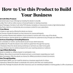 May include: A white background with black text outlining nine steps to use an ebook to build a business. The steps include bundling the ebook with other products, offering it as a bonus, positioning it as a coaching or consulting resource, leveraging affiliate marketing, and monetizing through reselling.