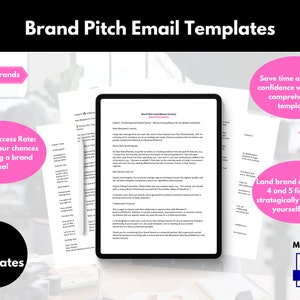 Könnte beinhalten: Eine digitale Marketingressource für Kosmetikmarken. Das Bild zeigt einen Computerbildschirm, auf dem ein Dokument mit dem Titel "Marken-Pitch-E-Mail-Vorlagen - Revitalisierung von Schönheit für den modernen Menschen" angezeigt wird. Der Text "Höhere Erfolgsquote: Erhöhen Sie Ihre Chancen, einen Markenvertrag zu erhalten" befindet sich in einer rosa Sprechblase. Der Text "Sparen Sie Zeit und steigern Sie das Vertrauen mit diesen umfassenden Vorlagen" befindet sich in einer rosa Sprechblase. Der Text "Lande Marken-Deals im Wert von 4 bis 5 Stellen, indem Sie sich strategisch positionieren, um zu gewinnen" befindet sich in einer rosa Sprechblase. Der Text "Erstellt in DOC" befindet sich in einer weißen Sprechblase mit einem Dokumentikon.