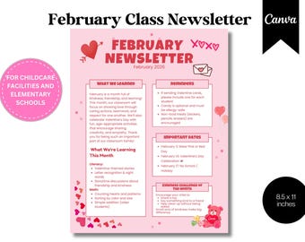 February Classroom Newsletter Template | Valentine’s Day School Newsletter | Editable Canva Newsletter for Daycare & Elementary
