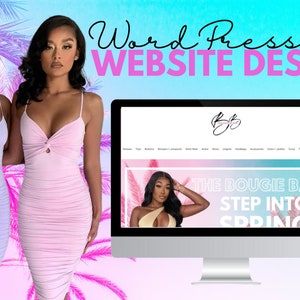 Op de afbeelding: Een website ontwerp voor een online kledingwinkel genaamd "The Bougie Bar". De website heeft een roze en blauwe kleurstelling en een model draagt een top met één schouder. De tekst op de website luidt "The Bougie Bar Step Into Spring".