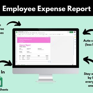 Peut inclure: Un écran d'ordinateur affichant une feuille de calcul Google intitulée "Expense Report" pour Wilshire Banking LLC. La feuille est utilisée pour suivre les dépenses des employés. L'image montre également du texte qui dit "Track Employee Expenses", "Edit In Google Sheets", "Auto calculate (less hassle)", et "Stay organised by having everything in one place".