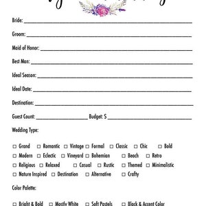 K&ouml;nnte beinhalten: Eine druckbare Checkliste zur Planung einer Traumhochzeit. Die Checkliste enth&auml;lt Abschnitte f&uuml;r Braut und Br&auml;utigam, Brautjungfer, Trauzeuge, ideale Jahreszeit, ideales Datum, Reiseziel, G&auml;stezahl, Budget, Hochzeitstyp und Farbpalette. Die Checkliste enth&auml;lt auch eine Vielzahl von Hochzeitsstiloptionen, wie z. B. gro&szlig;artig, romantisch, vintage, formell, klassisch, schick, mutig, modern, eklektisch, Weinberg, bohemian, Strand, Retro, religi&ouml;s, entspannt, l&auml;ssig, rustikal, thematisch, minimalistisch, naturinspiriert, Destination, alternativ und handwerklich. Die Checkliste enth&auml;lt auch eine Vielzahl von Farbpalettenoptionen, wie z. B. hell und kr&auml;ftig, haupts&auml;chlich wei&szlig;, zarte Pastellt&ouml;ne, Schwarz und Akzentfarbe, Erdt&ouml;ne, Zitrusfarben, saisonale Farben und Metallic/Neutral.