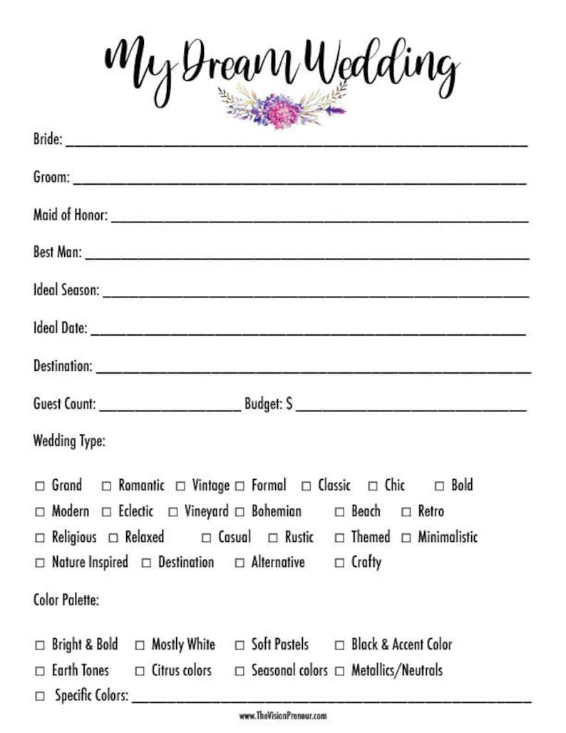 K&ouml;nnte beinhalten: Eine druckbare Checkliste zur Planung einer Traumhochzeit. Die Checkliste enth&auml;lt Abschnitte f&uuml;r Braut und Br&auml;utigam, Brautjungfer, Trauzeuge, ideale Jahreszeit, ideales Datum, Reiseziel, G&auml;stezahl, Budget, Hochzeitstyp und Farbpalette. Die Checkliste enth&auml;lt auch eine Vielzahl von Hochzeitsstiloptionen, wie z. B. gro&szlig;artig, romantisch, vintage, formell, klassisch, schick, mutig, modern, eklektisch, Weinberg, bohemian, Strand, Retro, religi&ouml;s, entspannt, l&auml;ssig, rustikal, thematisch, minimalistisch, naturinspiriert, Destination, alternativ und handwerklich. Die Checkliste enth&auml;lt auch eine Vielzahl von Farbpalettenoptionen, wie z. B. hell und kr&auml;ftig, haupts&auml;chlich wei&szlig;, zarte Pastellt&ouml;ne, Schwarz und Akzentfarbe, Erdt&ouml;ne, Zitrusfarben, saisonale Farben und Metallic/Neutral.