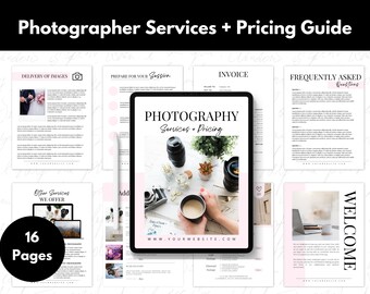 Peut inclure: Un guide de 16 pages sur les services et les prix de la photographie. Le guide comprend des informations sur la livraison des images, la préparation à une séance, une facture, les questions fréquemment posées et une page de bienvenue. Le guide présente également une photo d'une tasse de café et d'un équipement photo sur une table.