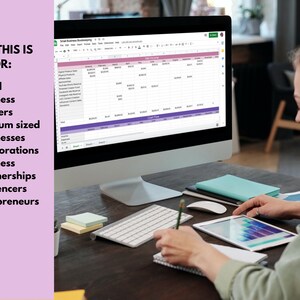 May include: A person working on a computer with a spreadsheet open on the screen. The spreadsheet is titled "Small Business Bookkeeping". The person is also using a tablet and a notebook. The text on the left side of the image reads "WHO THIS IS FOR:" followed by a list of business types, including "Small Business Owners", "Medium sized Businesses", "Corporations", "Business Partnerships", "Influencers", and "Solopreneurs".