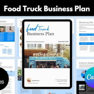 May include: A 14-page food truck business plan template with a blue and white color scheme. The cover page features a photo of a blue food truck with the text "Food Truck Business Plan" and "Rolling Flavor, Anytime, Anywhere!" The template includes sections for the organization, marketing plan, future plans and milestones, and industry background.