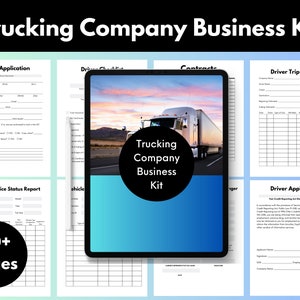 May include: A digital tablet displaying a mockup of a trucking company business kit. The kit includes forms for driver applications, vehicle service status reports, driver trip reports, and contracts. The tablet is on a blue and turquoise background with a white semi-truck driving on a desert road in the background. The text "Trucking Company Business Kit" is displayed on the tablet screen. The text "100+ Pages" is displayed in a black circle on the bottom left of the image.