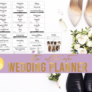 K&ouml;nnte beinhalten: Ein druckbarer Hochzeitsplaner mit 94 Seiten, einschlie&szlig;lich Checklisten, Budgetverfolgungen und Kontaktlisten f&uuml;r Anbieter. Der Planer ist mit einem floralen Thema gestaltet und der Text "The Ultimate Wedding Planner" ist in goldenen Buchstaben dargestellt.