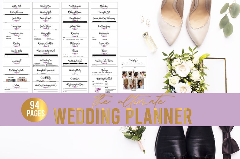 K&ouml;nnte beinhalten: Ein druckbarer Hochzeitsplaner mit 94 Seiten, einschlie&szlig;lich Checklisten, Budgetverfolgungen und Kontaktlisten f&uuml;r Anbieter. Der Planer ist mit einem floralen Thema gestaltet und der Text "The Ultimate Wedding Planner" ist in goldenen Buchstaben dargestellt.