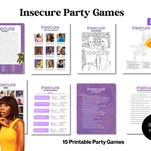 Könnte beinhalten: Eine Sammlung von 15 druckbaren Partyspielen mit dem Titel "Insecure Party Games". Die Spiele umfassen ein Wortsuchrätsel, ein "Nenne den Charakter"-Spiel, eine Malvorlage, ein Kreuzworträtsel, Bingo und mehr. Die Spiele sind 21,6 x 27,9 cm groß.