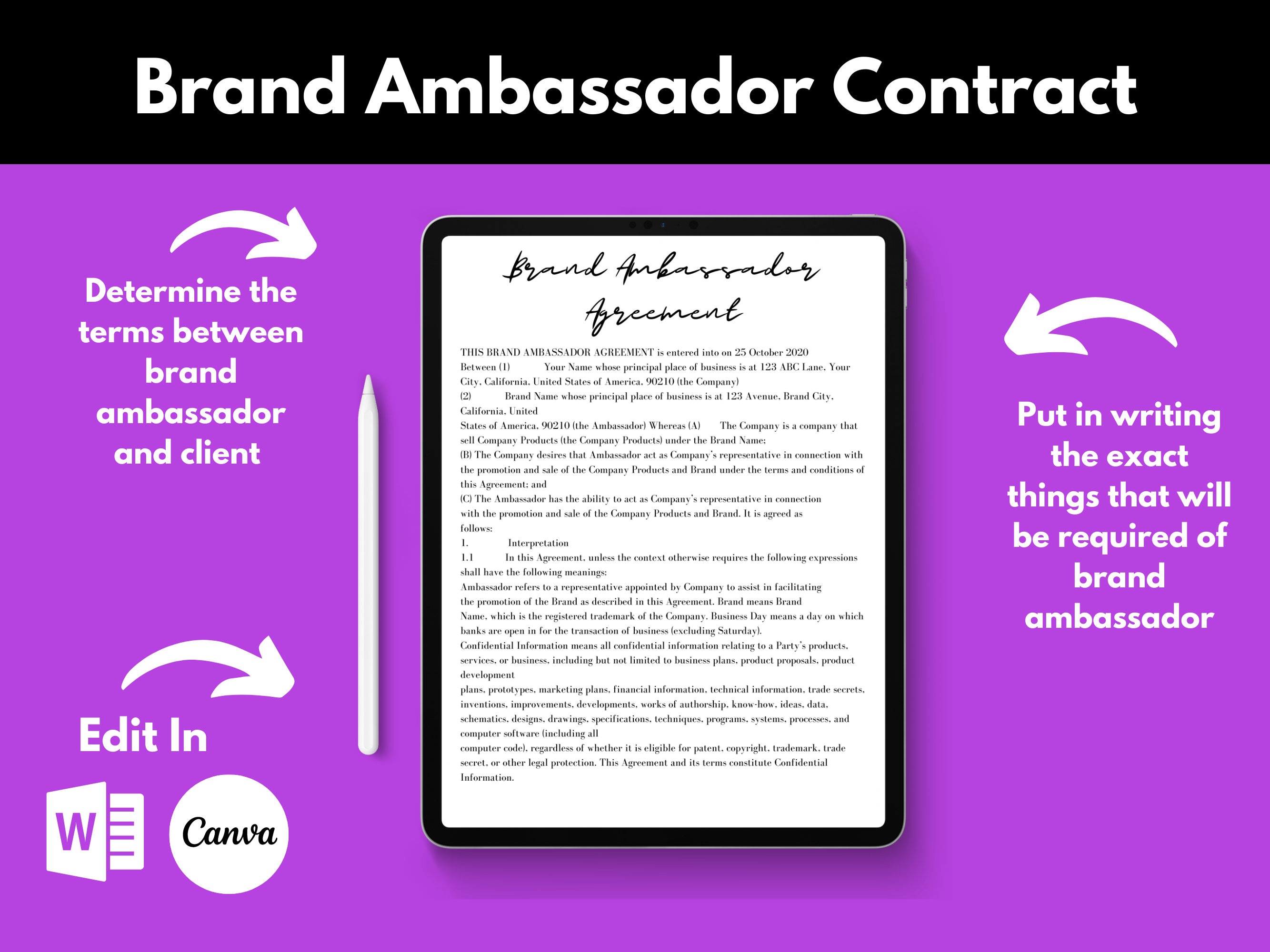 Brand Ambassador Contract Brand Ambassador Agreement Social Etsy
