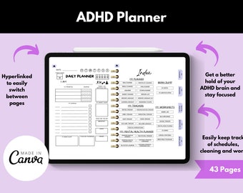 May include: A digital planner for people with ADHD. The planner is open to a daily planner page with a section for "I am" and "To Do". The planner also includes an index with sections for "My Planner", "Brain Dump", "My Trackers", "My Worksheets", and "My Mental Health Planner". The planner is designed to help people with ADHD stay focused and organized. The planner is 43 pages long.