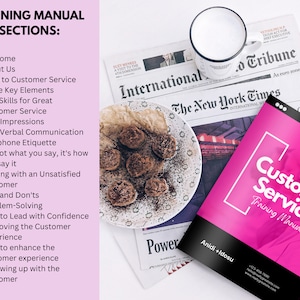 May include: A training manual titled "Customer Service" with a pink and black cover, next to a plate of pastries and a cup of coffee. The manual's sections are listed on a pink background, including "Welcome" and "Intro to Customer Service."