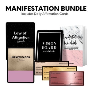 May include: A manifestation bundle includes a Law of Attraction Guide, a Vision Board Workbook, a Manifestation Journal, and a Manifestation Workbook. The bundle also includes a set of checks with the words "Bank of the Universe" printed on them.