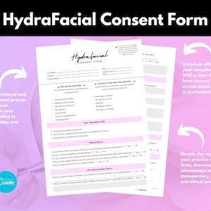 Op de afbeelding: Een zwart-wit HydraFacial-toestemmingsformulier met de tekst "HydraFacial Consent Form" bovenaan. Het formulier bevat secties voor klantgegevens, procedureoverzicht, mogelijke risico's en ongemakken, nazorg, medische geschiedenis, huidverzorging en cosmetische geschiedenis, en de handtekening van de klant.