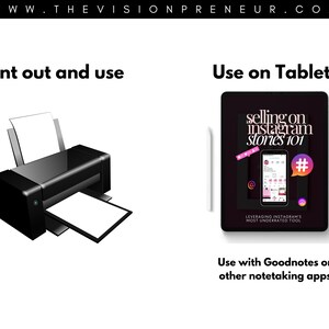 May include: A black and white illustration of a printer with a white sheet of paper in the tray. A tablet with a black screen displaying a pink and white graphic with the text "selling on Instagram stories 101" and a hashtag symbol. The text "Leveraging Instagram's most underrated tool" is below the graphic.