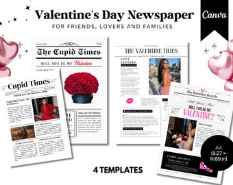 Valentine’s Day Newspaper Templates | Editable Canva Love Paper | 4 Page A4 Bundle