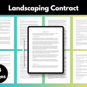 May include: A digital document titled "Landscaping Contract" is displayed on a tablet, surrounded by printed pages. The image includes the text "14 Pages". The background has a gradient of blue, green, and yellow.