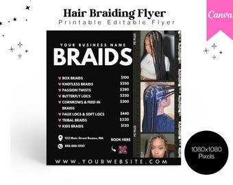 Editable Braids Service Flyer Template: Salon Flyer Design (Canva Digital Download)