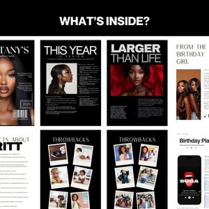 May include: A magazine cover titled "Brittany's 20th Birthday Bash" featuring a portrait of a woman with dark skin and long black hair. The magazine cover also includes the text "This Year in Review", "Larger Than Life", "From the Birthday Girl", "Fun Facts About Britt", "Throwbacks", and "Birthday Playlist".