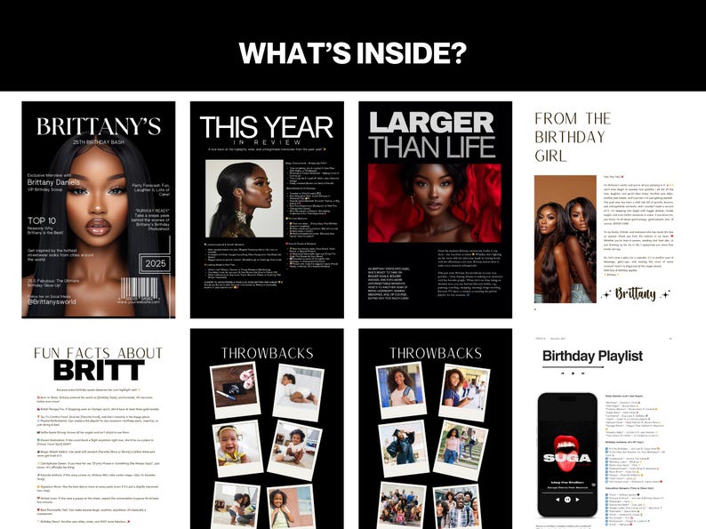 May include: A magazine cover titled "Brittany's 20th Birthday Bash" featuring a portrait of a woman with dark skin and long black hair. The magazine cover also includes the text "This Year in Review", "Larger Than Life", "From the Birthday Girl", "Fun Facts About Britt", "Throwbacks", and "Birthday Playlist".